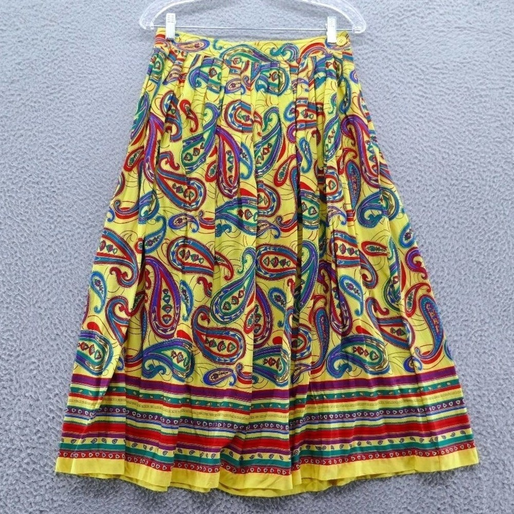 Chaus Vintage Yellow Paisley Pleated Midi Skirt Womens 12 Rayon High Waist Boho
